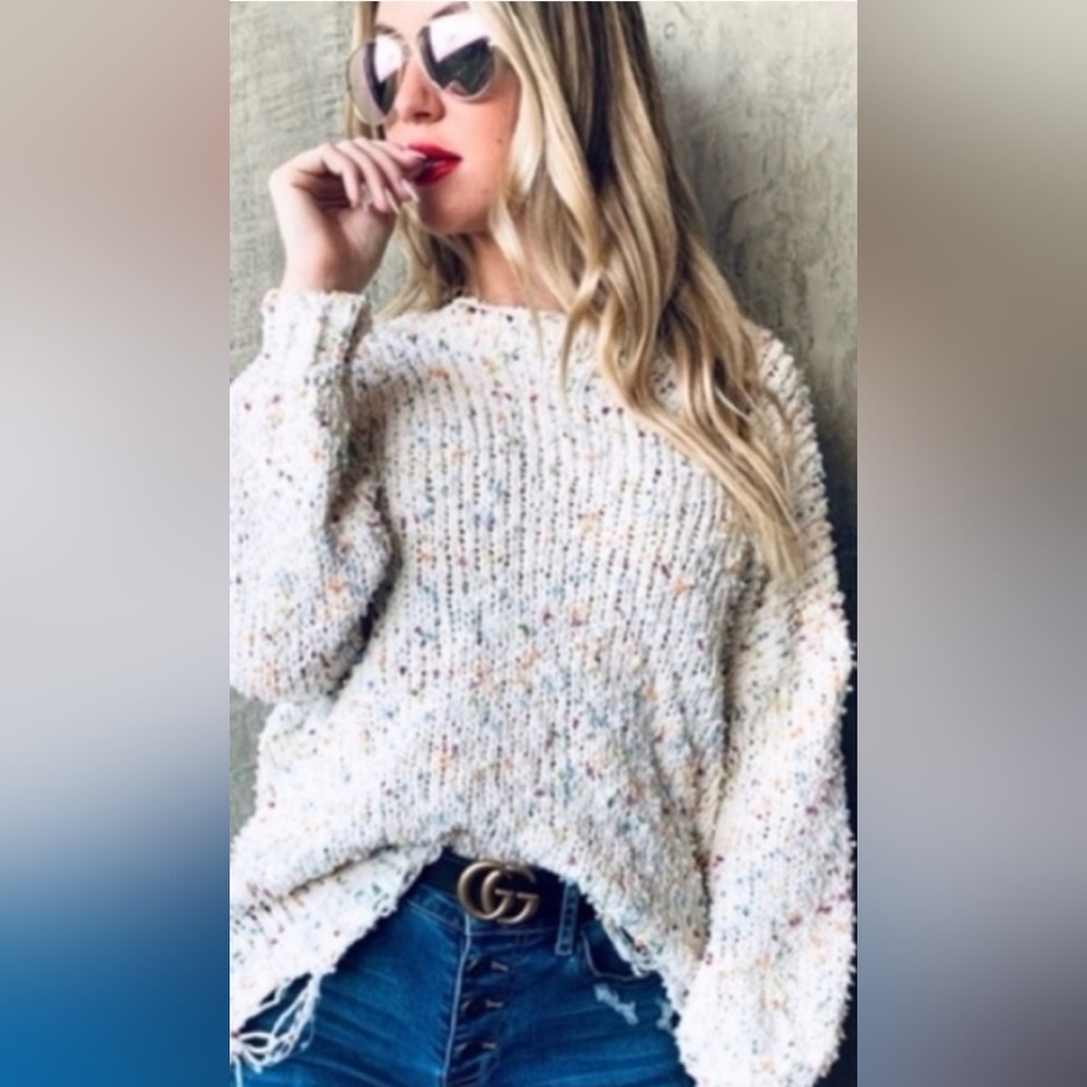 TIMING. Cream Speckled Confetti Oversized Destressed Sweater. Medium.